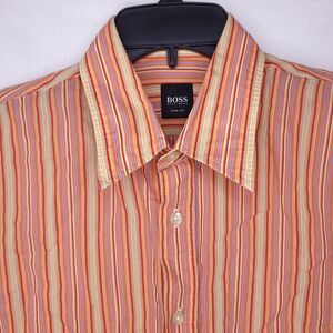 Hugo Boss Shirt Mens Medium Striped Orange Slim Fit